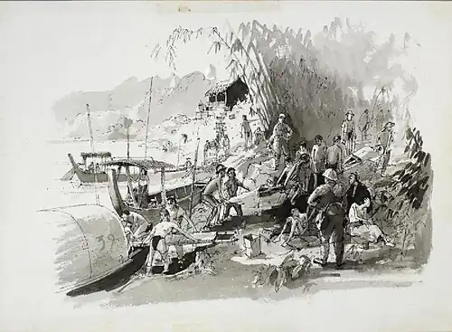 Разгрузка носилок с лодок, прибывших в лагерь Чунгкай. Работа Джека Бриджера.