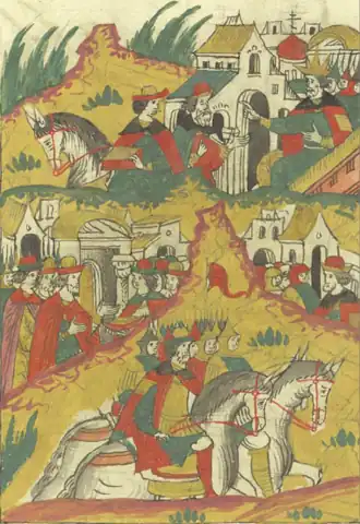 Иван Грозный посылает Федца Нагого к воеводам с денежной наградой (верхний ряд), Федец передаёт награду воеводам (второй ряд), Мамыш Ододуров едет к магистру