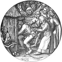 Пьяницу затолкали в свинарник. По оригиналу П. Брейгеля Старшего. 1568. Офорт