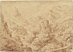 Панорамный речной пейзаж. Ок. 1590. Бумага, перо, коричневые чернила. Национальная галерея искусства, Вашингтон