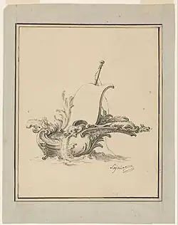 Ж. де Лажу. Корабль-рокайль. Из серии «Новая коллекция различных картушей». 1734. Бумага, тушь, перо, кисть