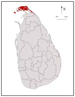 Area map of Jaffna District, in the peninsula to the north, in the Northern Province of Sri Lanka