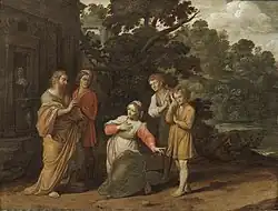 Елисей и вдова с двумя сыновьями, умоляющая помочь ей с должниками. Между 1600 и 1624. Дерево, масло. Частное собрание