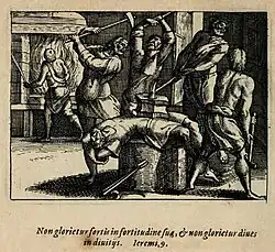 Да не хвалится сильный силою своей, и да не хвалится богатый богатством своим (Иеремия, 9:23). 1579. Гравюра на дереве