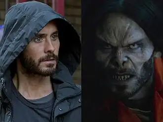 Джаред Лето в роли Майкла Морбиуса в человеческом облике (слева) и в облике вампира (справа) в фильме «Морбиус» (2022)