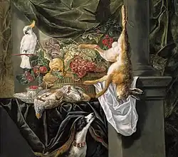 Я. Фейт и Й. Херманс. Натюрморт с фруктами, охотничьими трофеями, попугаем, кошкой и собакой. Между 1645 и 1650. Холст, масло. Частное собрание