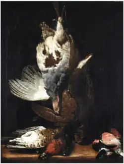 Куропатка и фазан, подвешенные на гвозде, и другие птицы на деревянном выступе. Между 1644 и 1675. Холст, масло. Частное собрание