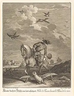 Сокольничий поднимает сову с земли. Офорт, резец