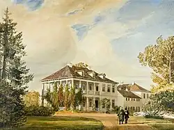 Я. Генслер. Барон Фохт и его секретарь перед загородным домом во Флоттбеке. 1837. Бумага, акварель. Музей Йениш-хаус