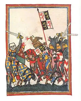 Жан I  Брабантский участвует в битве. Иллюстрация из Манесского кодекса