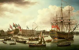 Спуск HMS Cambridge на воду (в представлении художника, 1757)