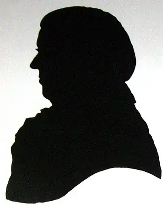 Силуэт Джона Фарея, нарисованный его другом Уайтом Уотсоном, в Музее и художественной галерее Дерби. Рядом с портретом находится QR-код, ведущий на эту статью на разных языках