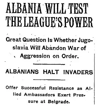 Заголовок New York Times о вторжении Югославии в Албанию, 9 ноября 1921 года