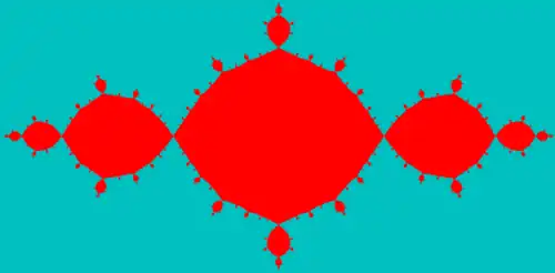 Заполненное множество Жюлиа для отображения 
  
    
      
        f
        (
        z
        )
        =
        
          z
          
            2
          
        
        −
        1
      
    
    {\displaystyle f(z)=z^{2}-1}
  
. Осевая симметрия свидетельствует об отсутствии мнимой составляющей в свободном члене отображения 
  
    
      
        f
        (
        z
        )
      
    
    {\displaystyle f(z)}