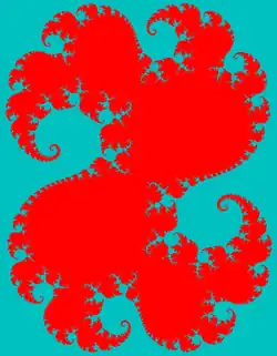 Заполненное множество Жюлиа для отображения 
  
    
      
        f
        (
        z
        )
        =
        
          z
          
            2
          
        
        +
        0
        
          ,
        
        28
        +
        0,011
        3
        i
      
    
    {\displaystyle f(z)=z^{2}+0{,}28+0{,}0113i}
  
. Завихрения против часовой стрелки свидетельствуют о положительной мнимой составляющей в свободном члене отображения 
  
    
      
        f
        (
        z
        )
      
    
    {\displaystyle f(z)}