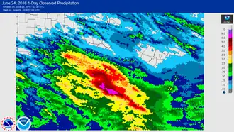 Уровень осадков в Западной Виргинии с 8:00 (12:00 UTC) 23 июня до 8:00 (12:00 UTC) 24 июня.