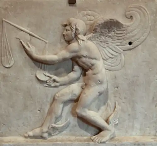 Фрагмент саркофага с изображением Кайроса (160—180 н. э., римская копия-рельеф статуи Лисиппа, Археологический музей Турина)