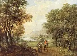 Широкий лесистый речной пейзаж с всадником и нищими. Холст, масло. Частное собрание