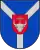 A coat of arms depicting a grey bull's head with a golden cross protruding from the top all on a red crest on a blue background