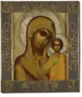 Богоматерь Казанская.(Начало XX века. Мстёра. Мастерская В. П. Гурьянова. Оклад: Д. Л. Смирнов. 1908—1917 год. Москва). Музей русской иконы.