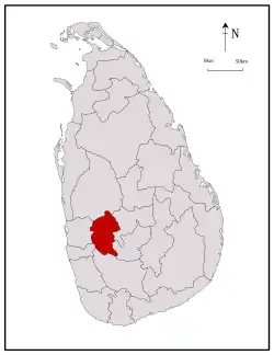 Area map of Kegalle District, roughly oval in shape is located to the south east of the centre of the country, in the Sabaragamuwa Province of Sri Lanka
