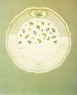 Рисунок настенной тарелки с разбросанными цветами и насекомыми. Бумага, акварель. Музей фарфора, Майсен