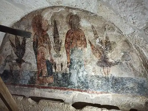 Фреска XII века в нише северной стены  — святые жёны среди райского сада (справа — мученица Мария, покровительница княгини Марии, жены князя Бориса, сына Юрия Долгорукого, погребенной в этом аркасолии)