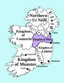 Основные королевства средневековой Ирландии. Красным цветом выделено королевство Миде, около 900 года