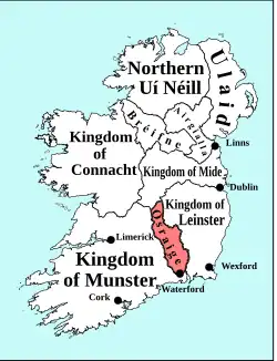 Основные королевства средневековой Ирландии. Красным цветом выделено королевство Осрайге
