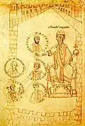 Салическая династия: Конрад II восседает на троне, держа в левой руке державу, а в правой - изображения Генриха III, Генриха IV, Конрада, Генриха V и Агнессы