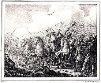 Гибель конунга Харальда Хильдетанда в битве при Бровалле. Рисунок Хьюго Гамильтона (1830).