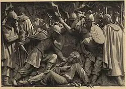 Барельеф на постаменте памятника царю Михаилу Фёдоровичу и крестьянину Ивану Сусанину в Костроме. Фото В. Н. Кларка (1908)