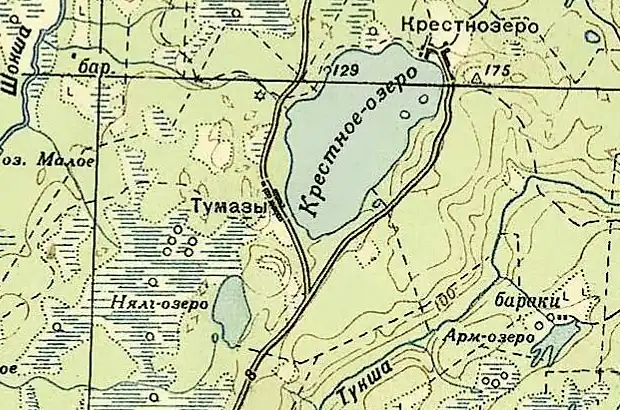 Деревня Тумазы на карте РККА 1940 года