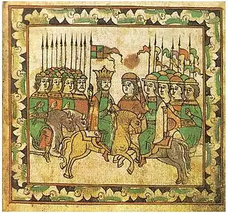 Русское войско встречает литовских союзников — князей Андрея Ольгердовича Полоцкого и Дмитрия Ольгердовича Брянского