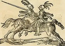 Приём турнирного боя. Ксилография Йоста Аммана из «Книги по искусству». 1599 г.