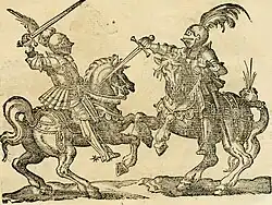 Приём турнирного боя. Ксилография Йоста Аммана из «Книги по искусству». 1599 г.