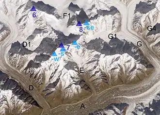Кунианг-Киш (в центре слева) и ледник Гиспар (внизу). №7 = Кунианг-Киш, №6 = Кунианг-Киш Северный, №8 = Пумари-Киш. Фото НАСА