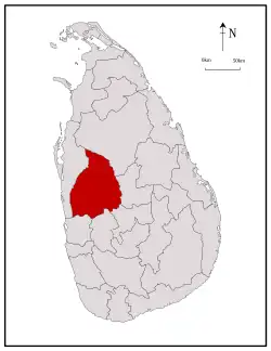 Area map of Kurunegala District, to the west of the centre of the country with its northern border extending towards the north west, in the North Western Province of Sri Lanka