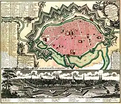 Карта городских укреплений XVIII века. Ворота — в центре вверху.