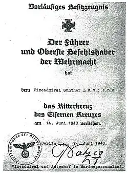 Временный документ о награждении Рыцарским крестом Железного креста