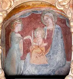 Мадонна с Младенцем и Святая Екатерина (Мистическое обручение Св. Екатерины Александрийской). XIV в. Фреска. Главный алтарь церкви