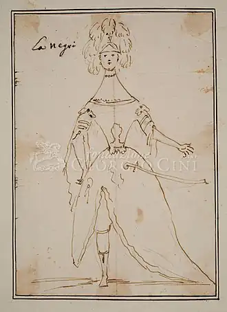 "La Negri" в рыцарском костюме(карикатура Антонио Марии Дзанетти, вероятно, изображающая Марию Катерину Негри)