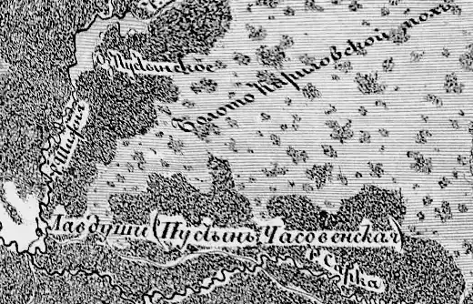 Деревня Лавдуши (Пустынь Часовенская) на семитопографической карте Новгородской губернии 1847 года