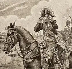 Маршал Даву на поле боя. Худ. Жоб. На рисунке начала XX века хорошо видны очки, которые маршал, страдавший близорукостью, носил почти постоянно, но снимал для того, чтоб позировать для портретов.