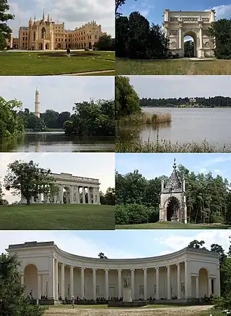 Сверху: Замок Леднице, Храм Дианы,
Минарет, Храм Аполлона (вдали),
Колоннада Райстна, Часовня Св. Губерта,
Три Грации