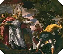 Святой Николай срубает дерево, которому поклонялись язычники. Дерево, масло. Церковь Сан-Николо-деи-Мендиколи, Венеция