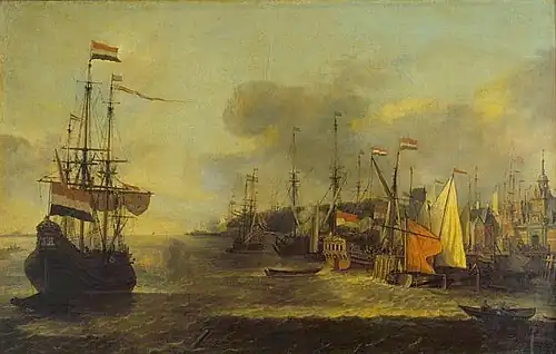 Ливе Версхюр. «Морской порт в Голландии, Роттердам». Холст, масло. 53,5 × 83 см. 1670 год. Национальный музей старинного искусства. Лиссабон.