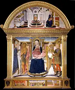 Алтарь Спедалетто. Мадонна с Младенцем и святыми Бьяджо, Иоанном Крестителем, Николаем и Флорианом. 1462. Дерево, темпера, золочение. Фонд музеев Сиены