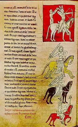 Изображение иберийской кавалерии XII века: коронованный человек с луком, два рыцаря с мечами и знаменосец, несущий крест в битве.