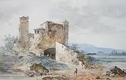 Речной пейзаж с фигурами среди руин. Акварель, гуашь